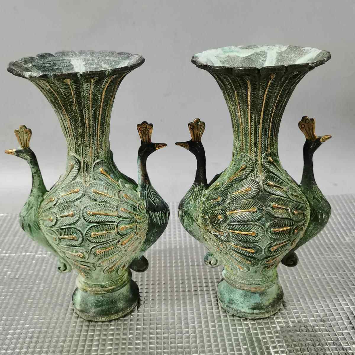 古玩杂项仿古做旧青铜双凤花瓶一对家居办公工艺品拍1发1个