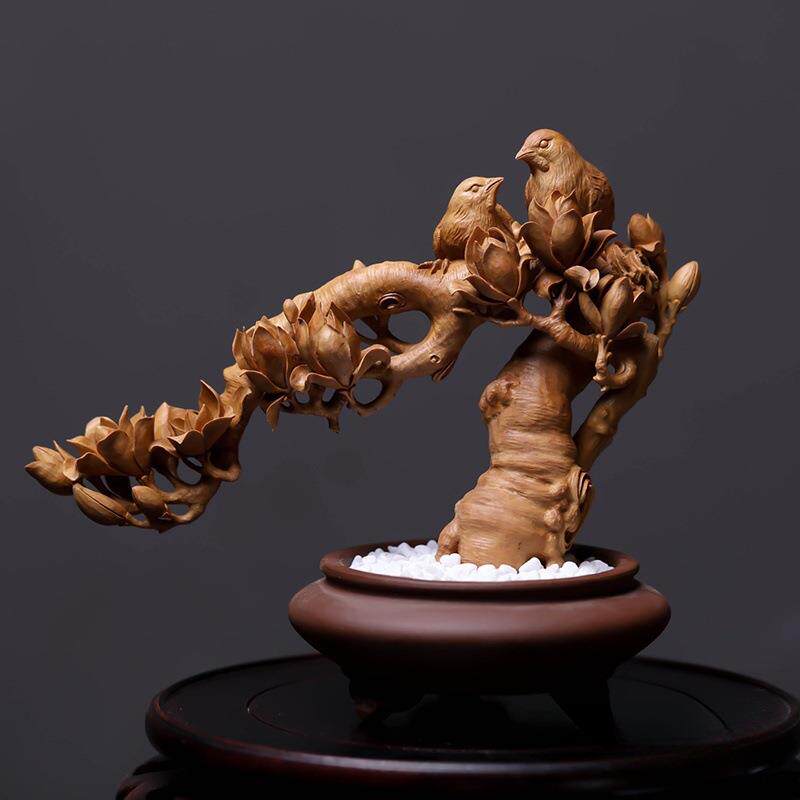 印度老山檀香盆景雕像室内玄关家居文玩摆件收藏品玉兰喜鹊图