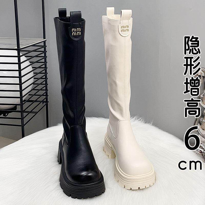 英国真皮不过膝长筒靴女2025秋冬新款白色厚底粗跟增高筒骑士靴子