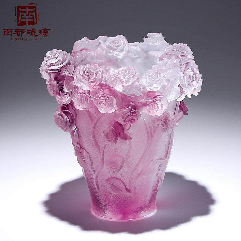 古法琉璃玫瑰花瓶摆件客厅插花轻奢高档新中式乔迁之喜水晶装饰品