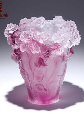 古法琉璃玫瑰花瓶摆件客厅插花轻奢高档新中式乔迁之喜水晶装饰品