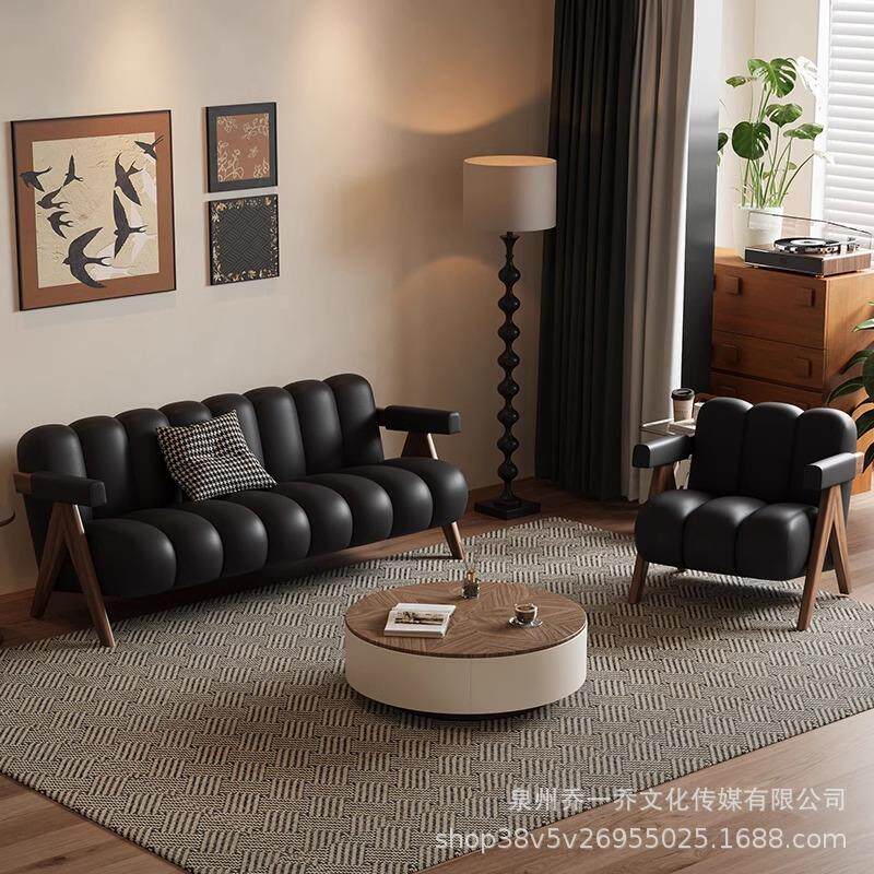 复古直排沙发黑色家用客厅小户型服装店美容院休息区中古风沙发椅