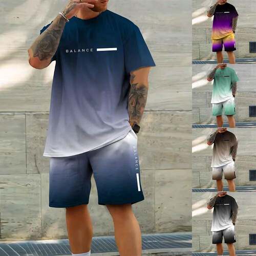 3D Printed Letters Pattern Sleeve Shirt Shorts Set Casual