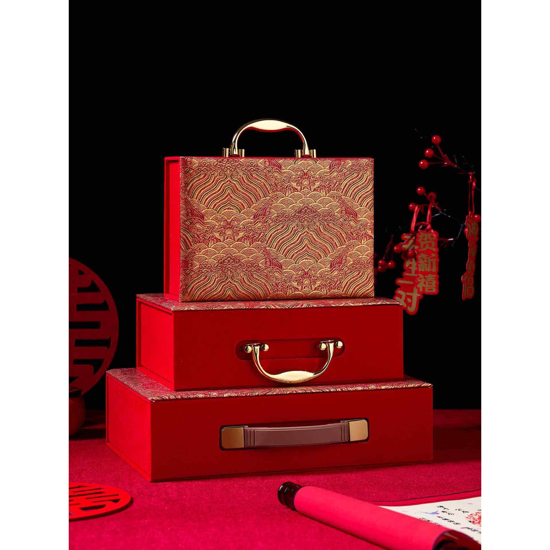 彩礼钱盒子酒红高档礼金箱聘金聘礼盒礼金盒10万20万订婚现金礼盒