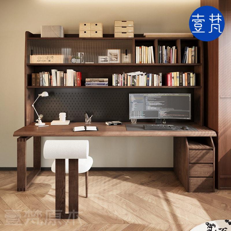 实木大板书桌带玻璃柜组合电脑桌儿童学习书桌双人办公桌工作台