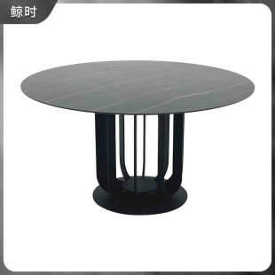 极简岩板餐桌圆形 厂家简约现代小户型家用饭桌碳素钢黑转盘餐意式
