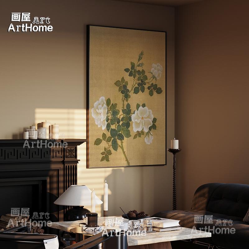 现代中古风客厅手绘油画奶油中国风餐厅装饰画艺术植物花卉挂画图片