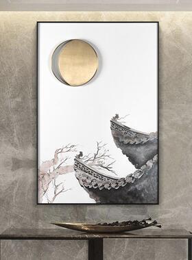 现代新中式装饰手绘油挂画蓝色建筑金属月亮沙发玄关样板间背景墙