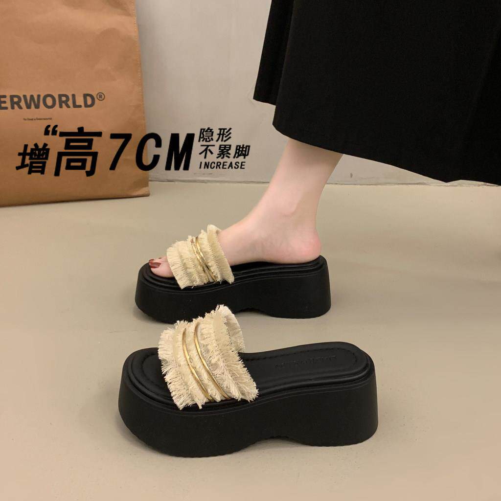 香港真皮厚底一字拖鞋女外穿夏2026新款小个子增高松糕海边凉拖鞋