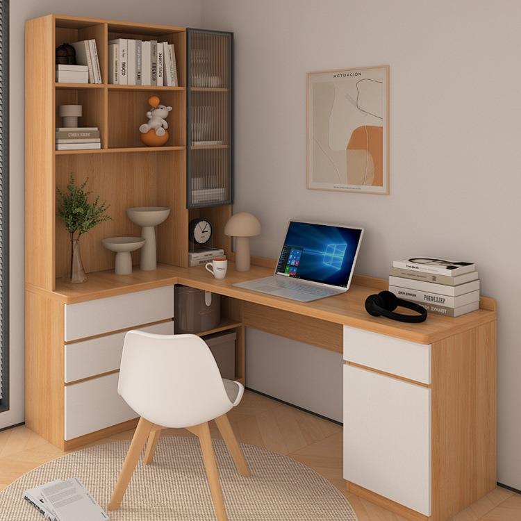 定 制电脑书桌组合学习桌台式机转角书桌柜角落书架实木芯桌带抽