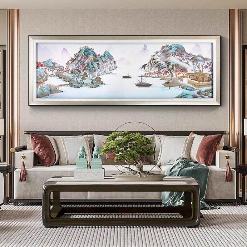 聚宝盆横版山水刺绣挂画大幅客厅沙发背景墙立体苏绣成品装饰壁画