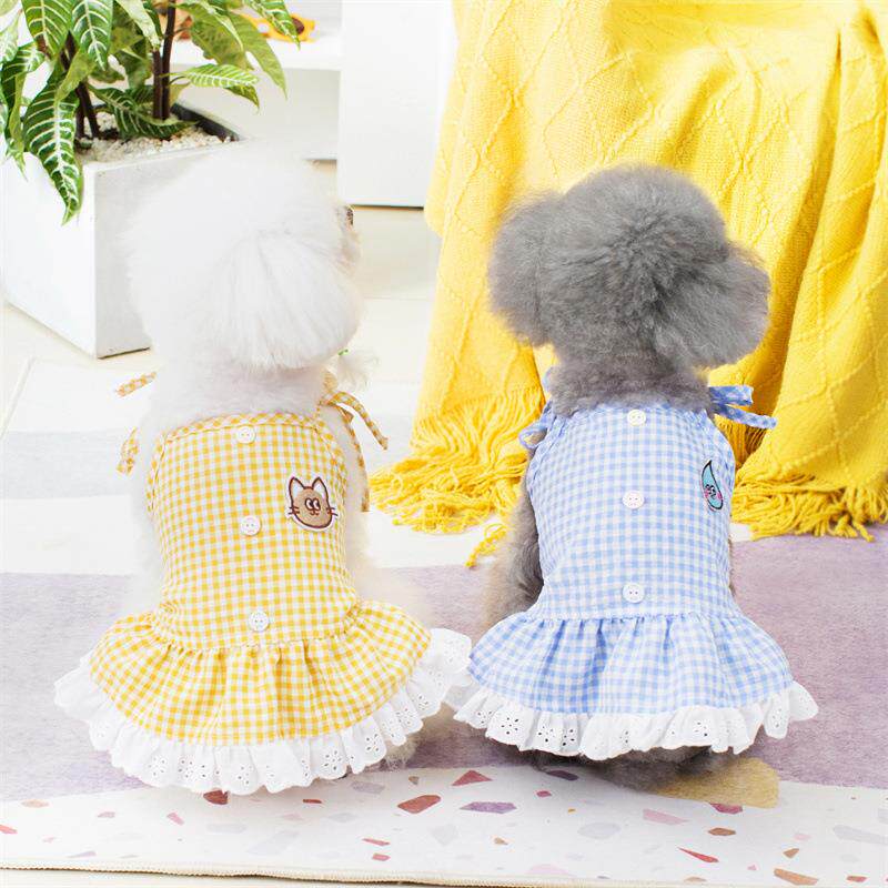 泰迪比熊雪拉瑞小型犬新款春夏季绣花带扣格子花边吊带裙跨境