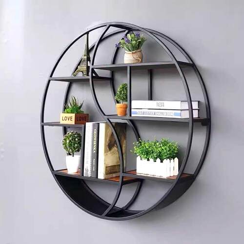 欧式客厅壁挂铁艺置物架覆古创意实木书架隔板墙上装饰圆形展示架