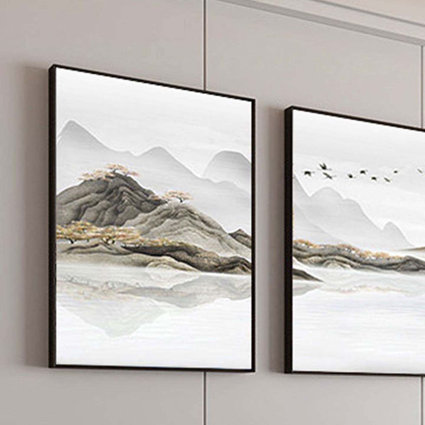 山水风景画新中式背有靠山办公室茶室客厅沙发背景墙三联组合挂画