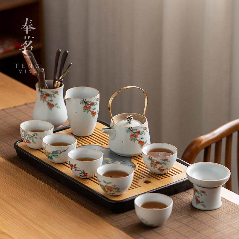 汝窑大套装一壶六杯二人功夫茶具陶瓷家用简约办公泡茶壶带茶盘