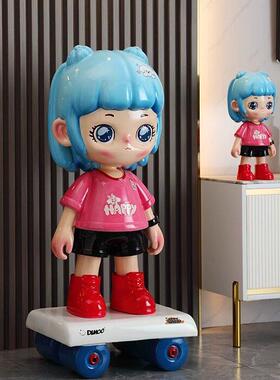 创意潮玩卡通滑板女孩网红店门口落地大摆件客厅轻奢高档存钱罐