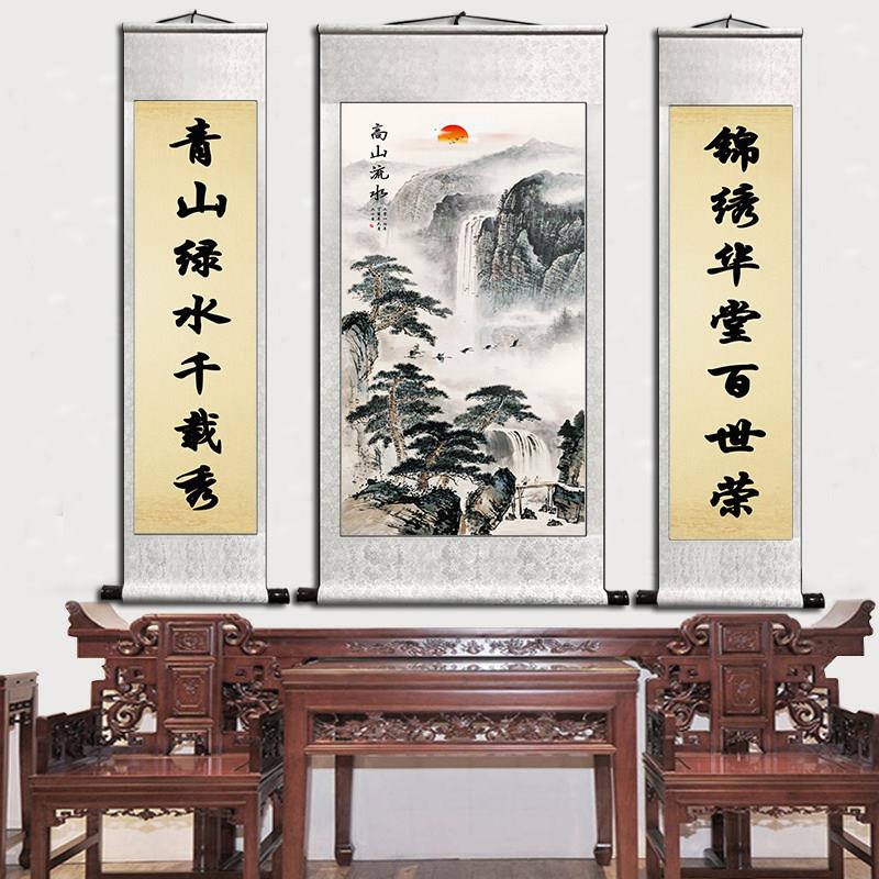国画中堂画农村堂屋山水卷轴挂画松鹤延年三联客厅风水装饰画对联