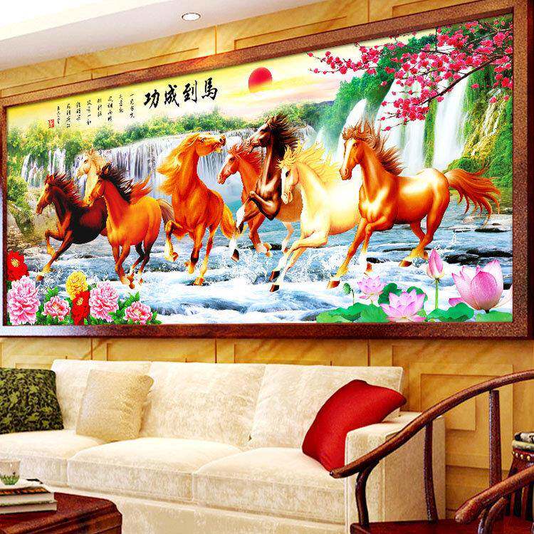 纯手工十字绣成品马到成功财源富贵八骏图新款客厅大幅挂画已绣好