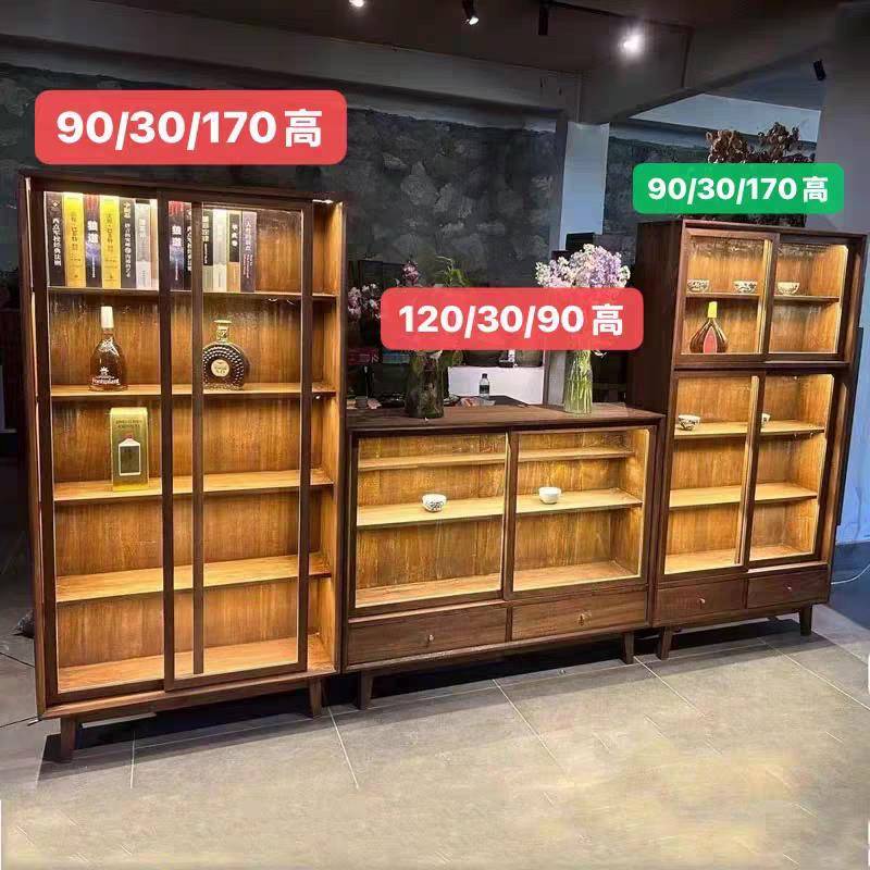 侘寂风博古架实木茶杯架玻璃展示柜收纳置物架茶室柜架子落地书架图片