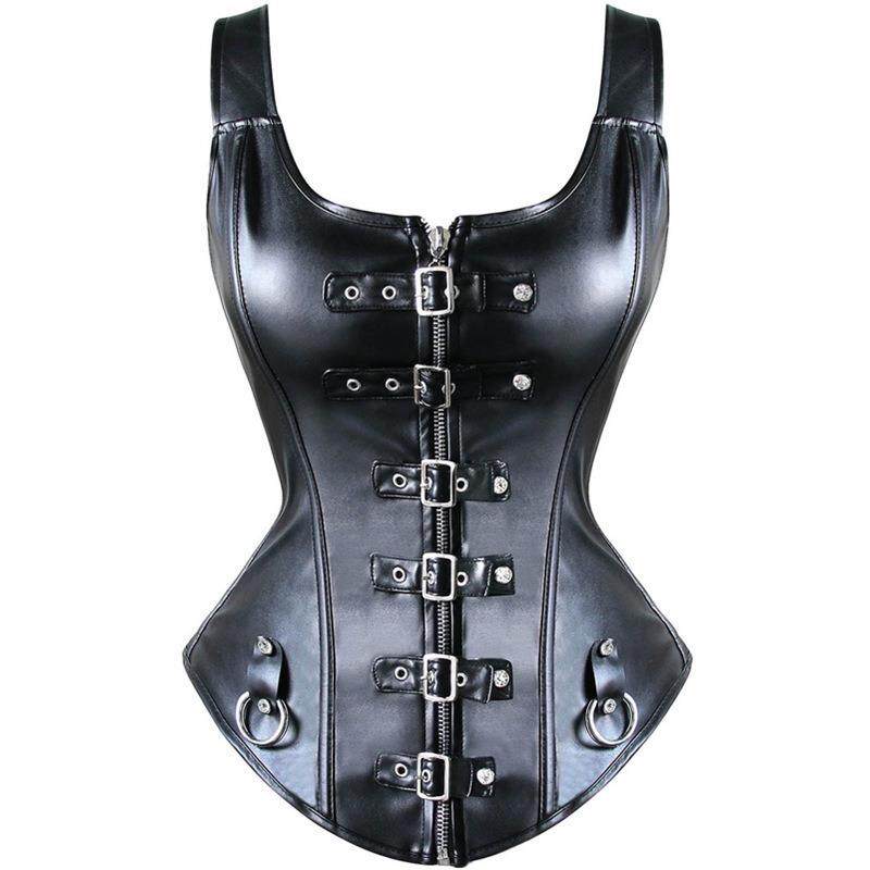 Faux Leather Corset Top Shoulder Strap Corselet Black Zipper