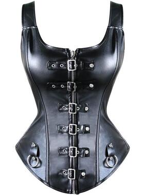 Faux Leather Corset Top Shoulder Strap Corselet Black Zipper