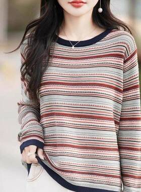 %纯棉春夏条纹拼色女装宽松圆领韩版简约针织长袖百搭内搭上衣