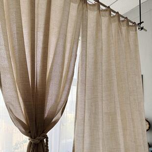 日式棉麻窗帘纯色卧室客厅高级感亚麻纱帘透光不透人免打孔窗帘