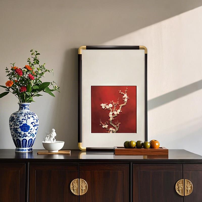 新中式客厅装饰画红色梅花茶室书房中国风背景墙玄关壁画竖版挂画