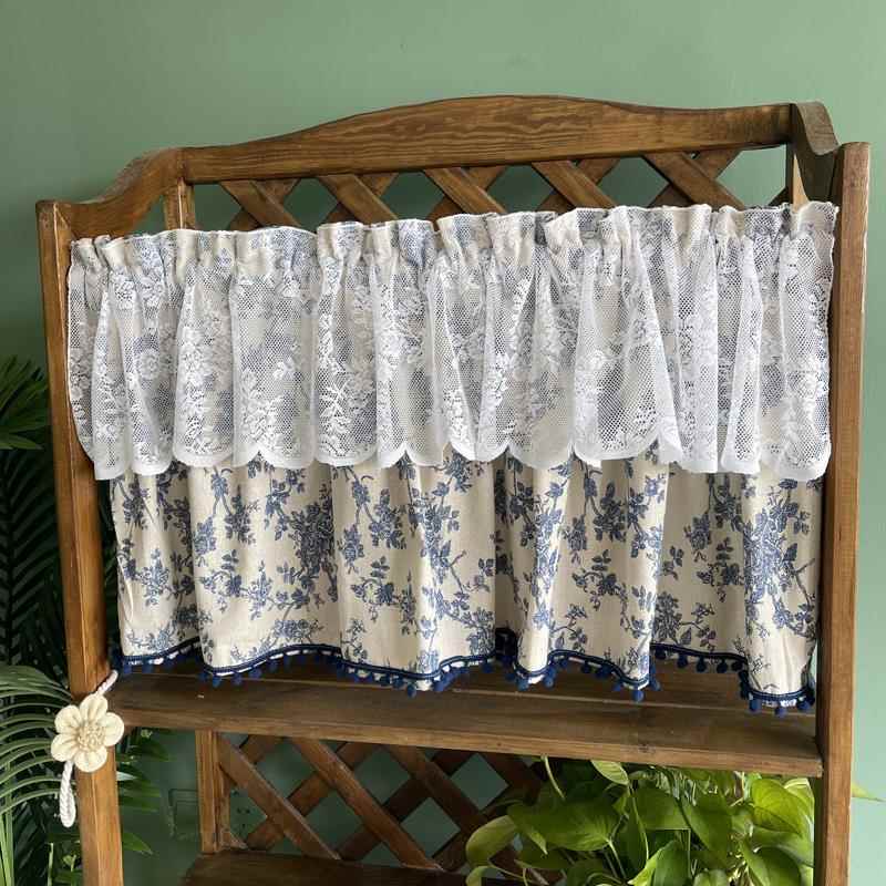 田园半遮光半帘门帘蕾丝成品帘隔断半截窗帘免打孔窗帘麻布半帘