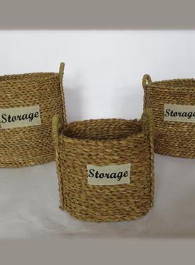 草编编编织草收HS-006纳筐带储物水篮桌面收纳盒脏衣服收纳箱盖圆