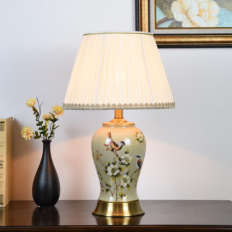 简约美式复古台灯床头灯卧室陶瓷客厅浪漫花鸟图案婚房装饰