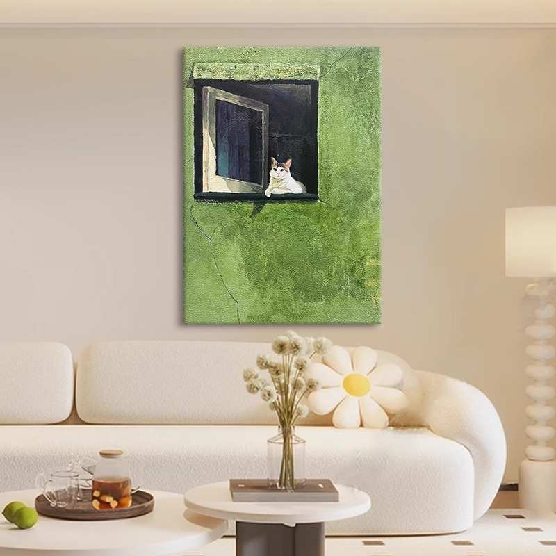 绿色小清新装饰画可爱猫咪奶油风客厅手绘油画玄关卧室挂画肌理画图片