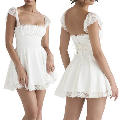 Women Fairy Vintage Lace Mini Dress Ruffle V Neck Spaghetti