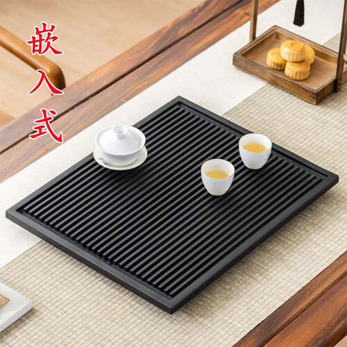 茶桌电木茶盘中间嵌入式乌金石大理石火烧石漏水盖板面板内嵌定制