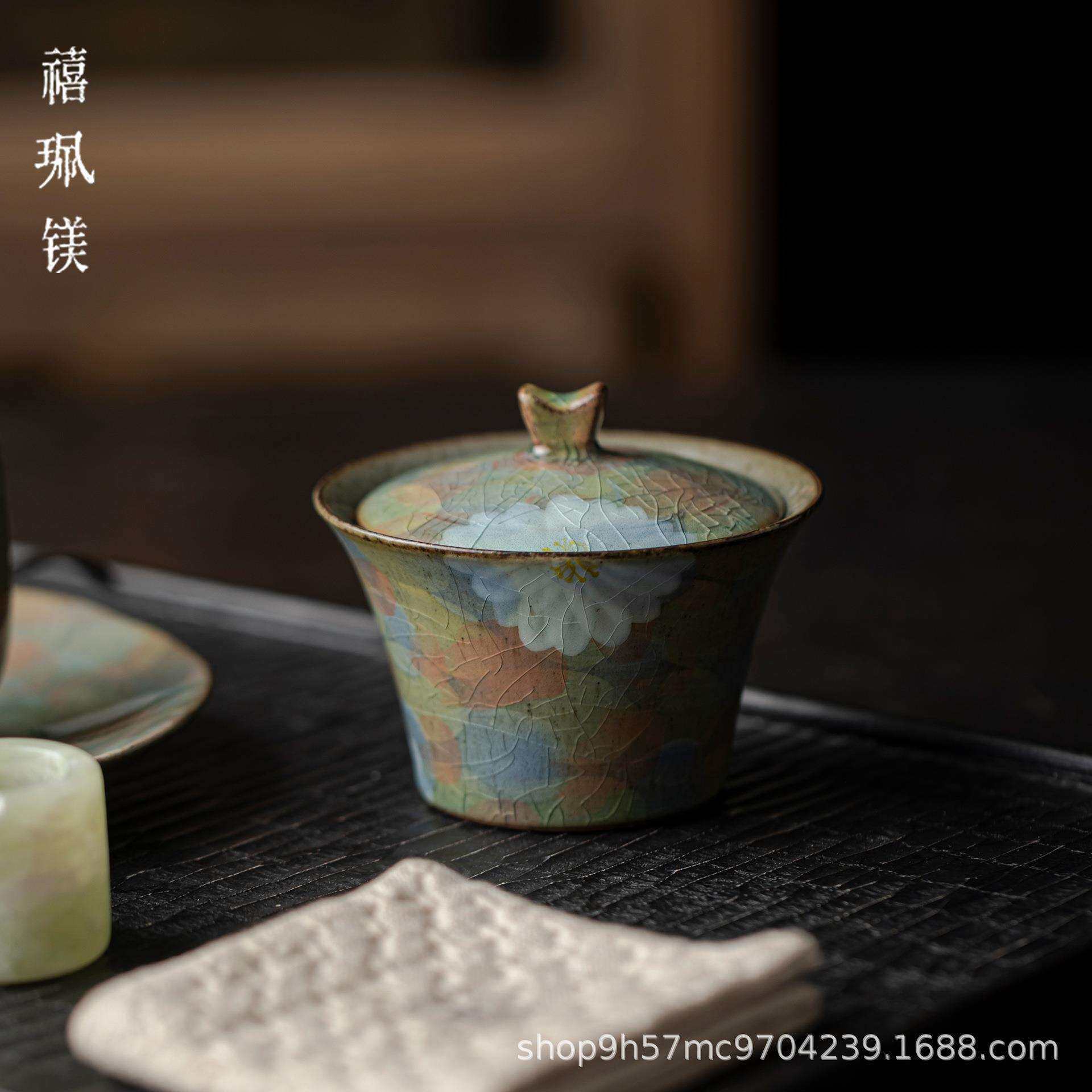 禧珮镁中式复古冰裂釉开片陶瓷盖碗二才泡茶碗家用手绘茶杯不烫手