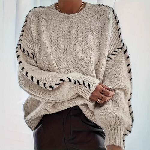 Women Colorblock Lantern Sleeve Round Neck Sweater Pullover
