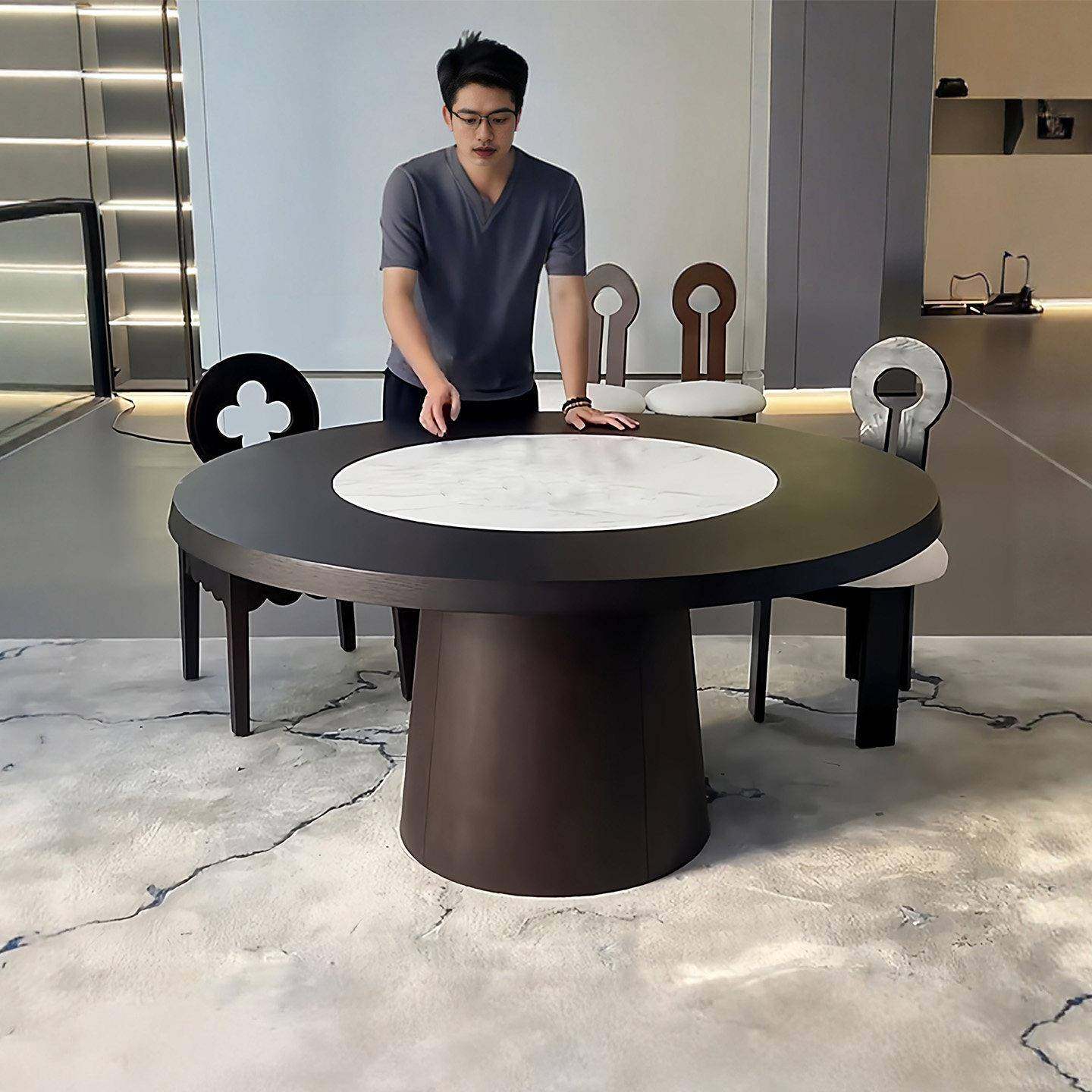 意式极简实木圆形内嵌岩板转盘中古奶油风复古高级感同心圆餐桌,住宅家具,实木餐桌,淘宝优惠券,粉丝福利购,淘宝优惠卷