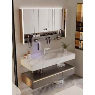 高级感酒店风双层岩板热弯一体盆浴室柜组合卫生间洗手池洗脸盆柜