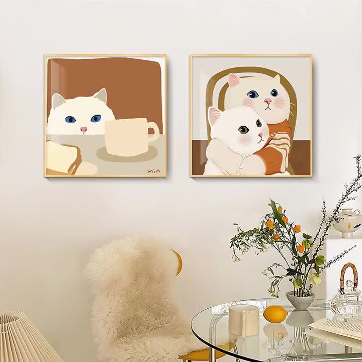 沙发背景墙壁画柜台摆画可爱猫咪客厅挂画ins北欧风卧室装饰画