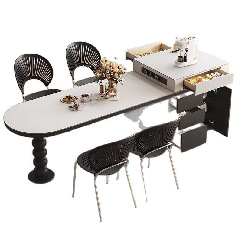 可伸缩岩板岛台餐桌家用中古风一体多功能圆弧餐桌椅厨房高端中岛