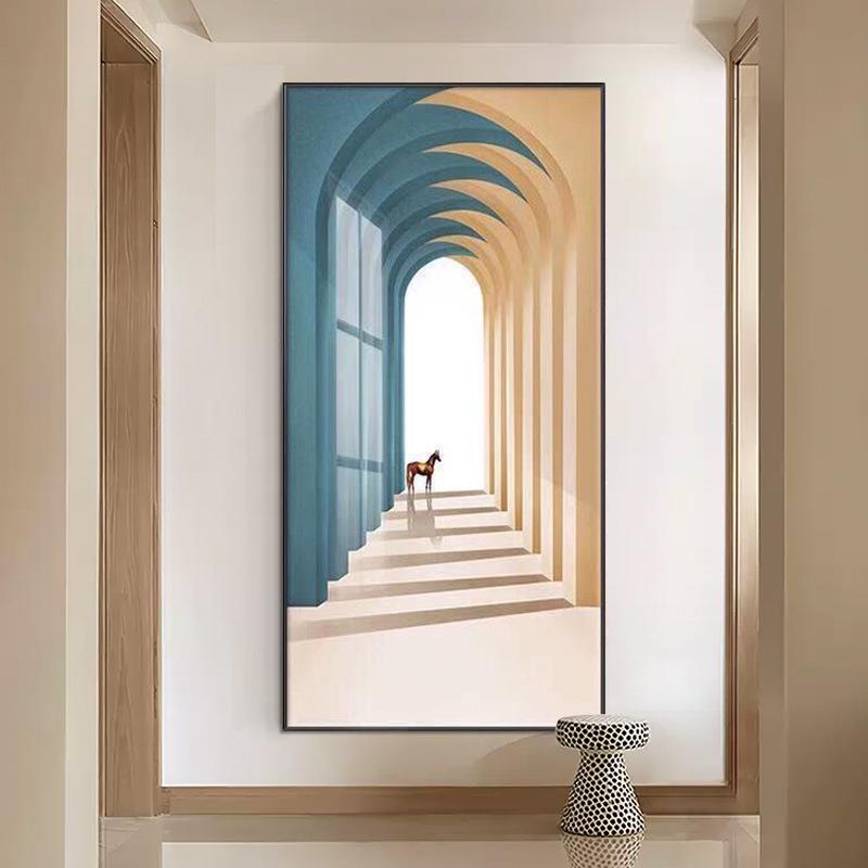 玄关装饰画走廊尽头挂画视觉延伸空间感简约现代客厅过道壁画竖版