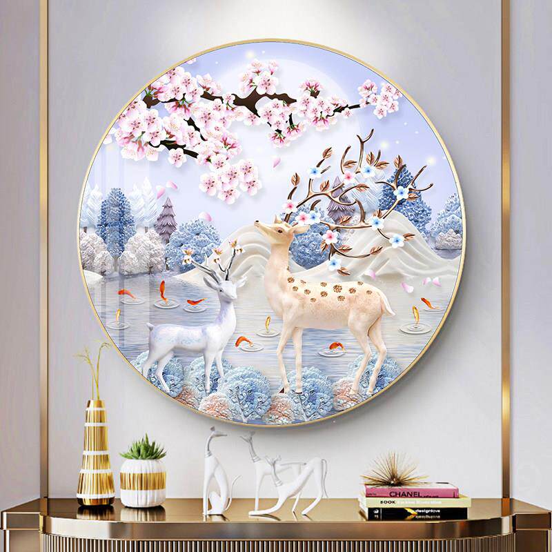 发财麋鹿九鱼图圆形客厅十字绣2026新款线 线绣卧室小件手工自己