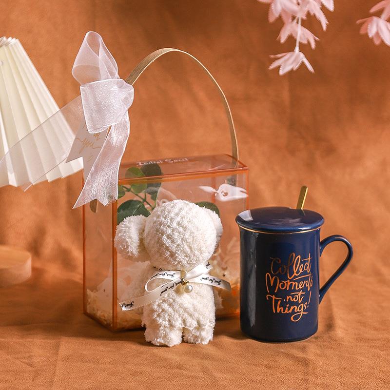 可爱毛巾熊陶瓷杯子生日礼物实用创意牛奶杯马克杯带盖水杯