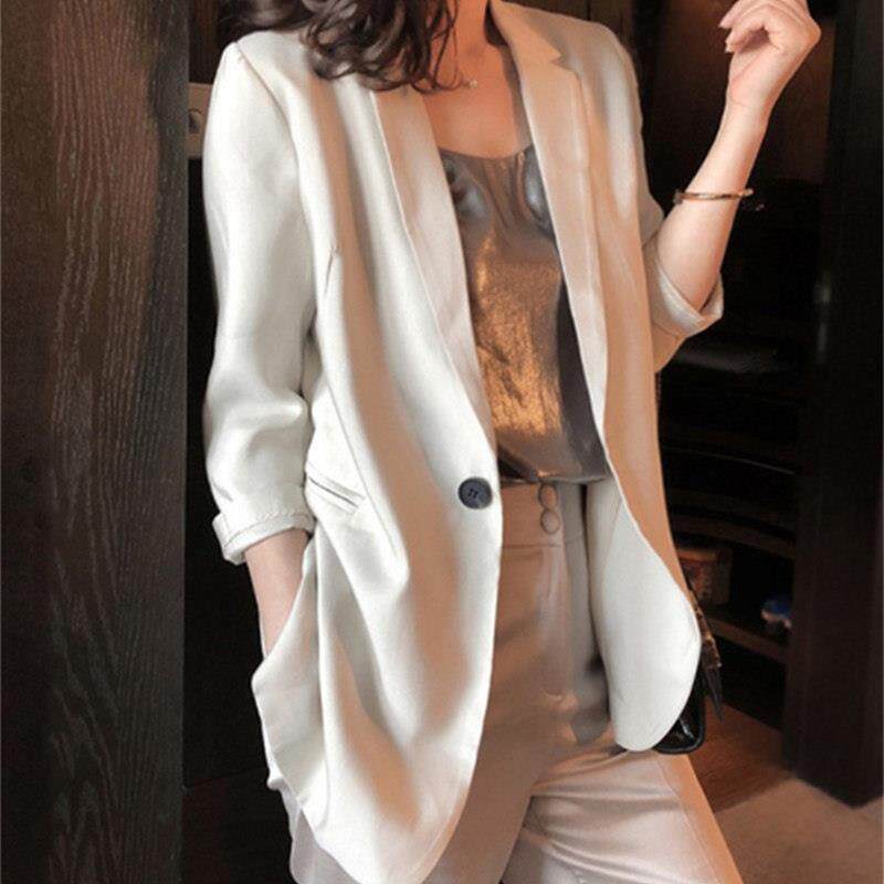 潮牌醋酸缎面小西装外套女2026春秋季薄款休闲七分袖米色西服上衣