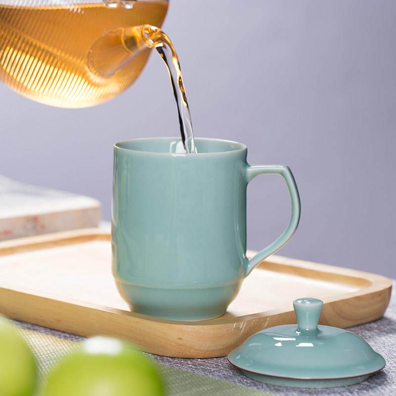 龙泉青瓷办公杯茶杯带手柄陶瓷中式覆古防烫会议茶水杯马克杯子