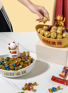 新年果盘招财猫托盘过年送礼放年货干果零食遥控收纳盘新中式摆件