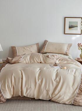 夏季丝滑凉感莱赛尔四件套小清新花卉刺绣裸睡褶皱边被套床品绿色