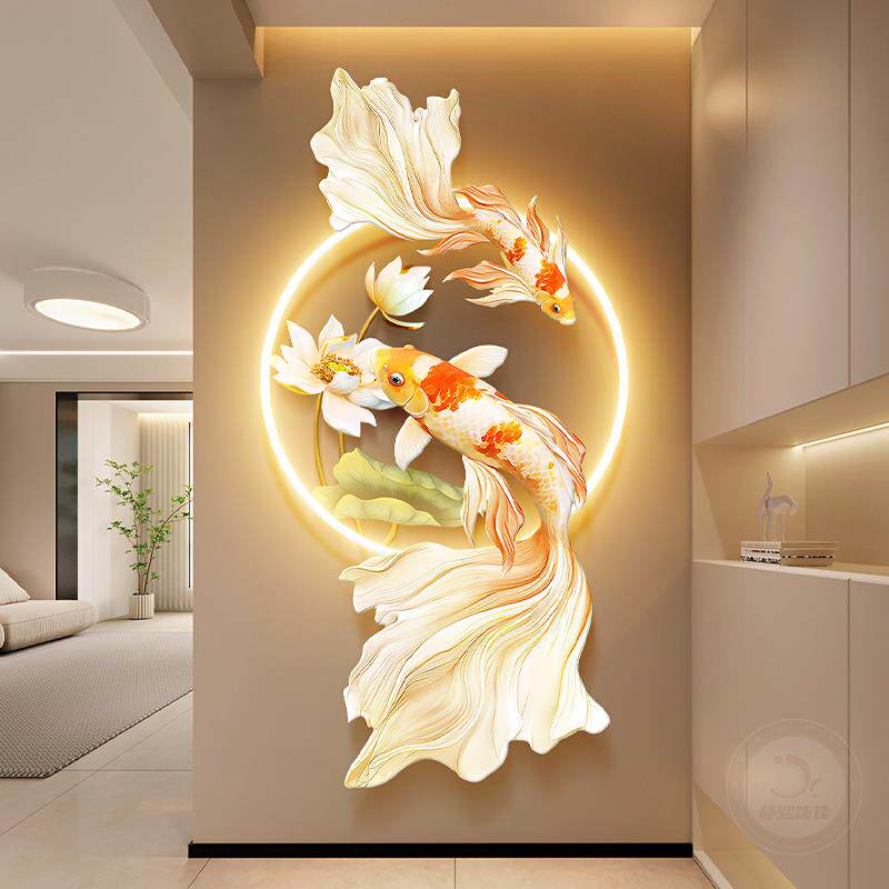九鱼荷花图玄关装饰画 画锦鲤走廊带灯挂画 画轻奢年年有余 余入