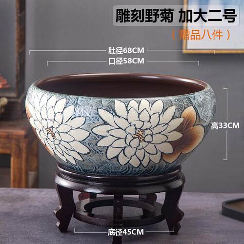 新款雕刻高温陶瓷缸荷缸养鱼盆一约叶莲水盆家花用乌金龟缸民宿简