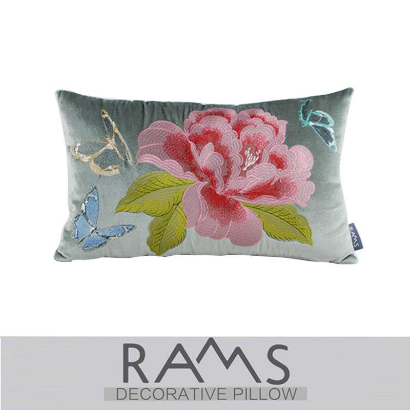 正品风新型中国枕沙发垫套中国样板房枕头床头方枕白色牡丹绣风花
